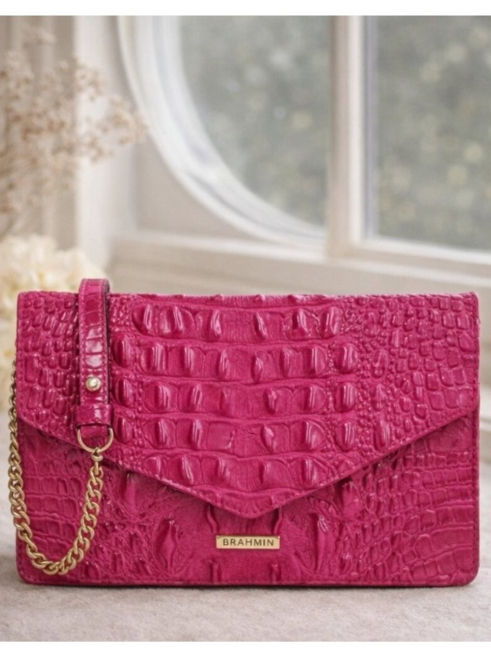 Brahmin Wendy Paradise Pink Melbourne Crossbody Clutch Convertible Croc-Embossed